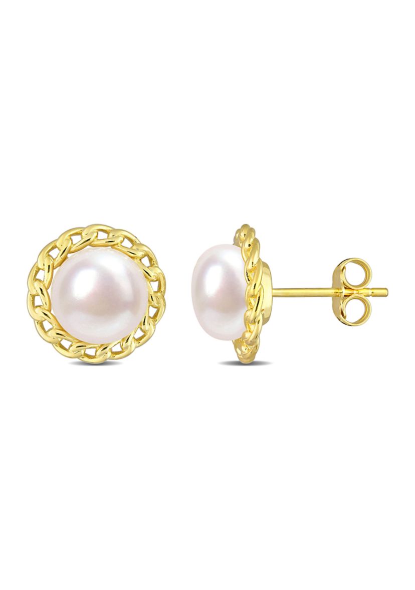 8-8.5mm Cultured Freshwater Pearl Halo Link Stud Earrings in Yellow Plated Sterling Silver