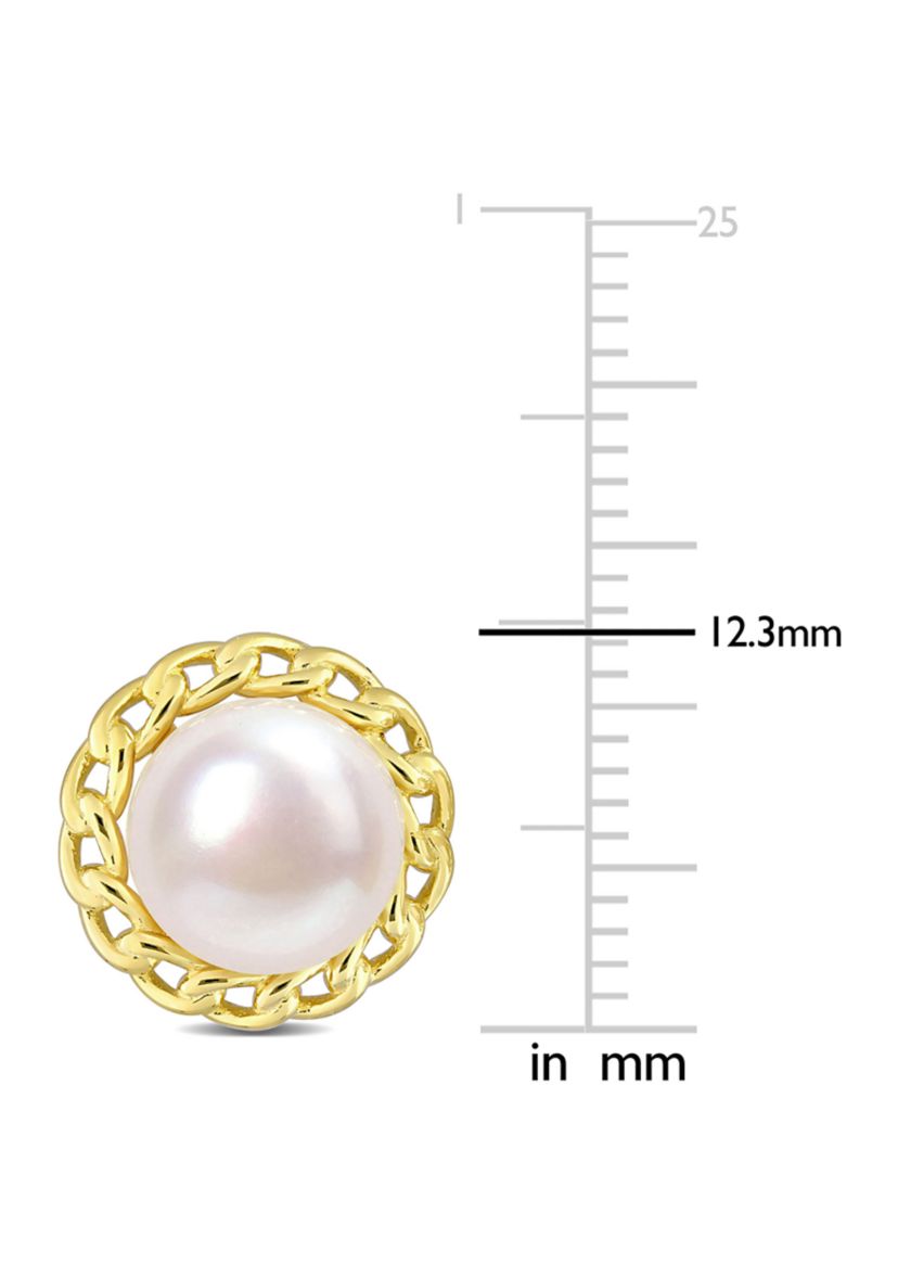 8-8.5mm Cultured Freshwater Pearl Halo Link Stud Earrings in Yellow Plated Sterling Silver