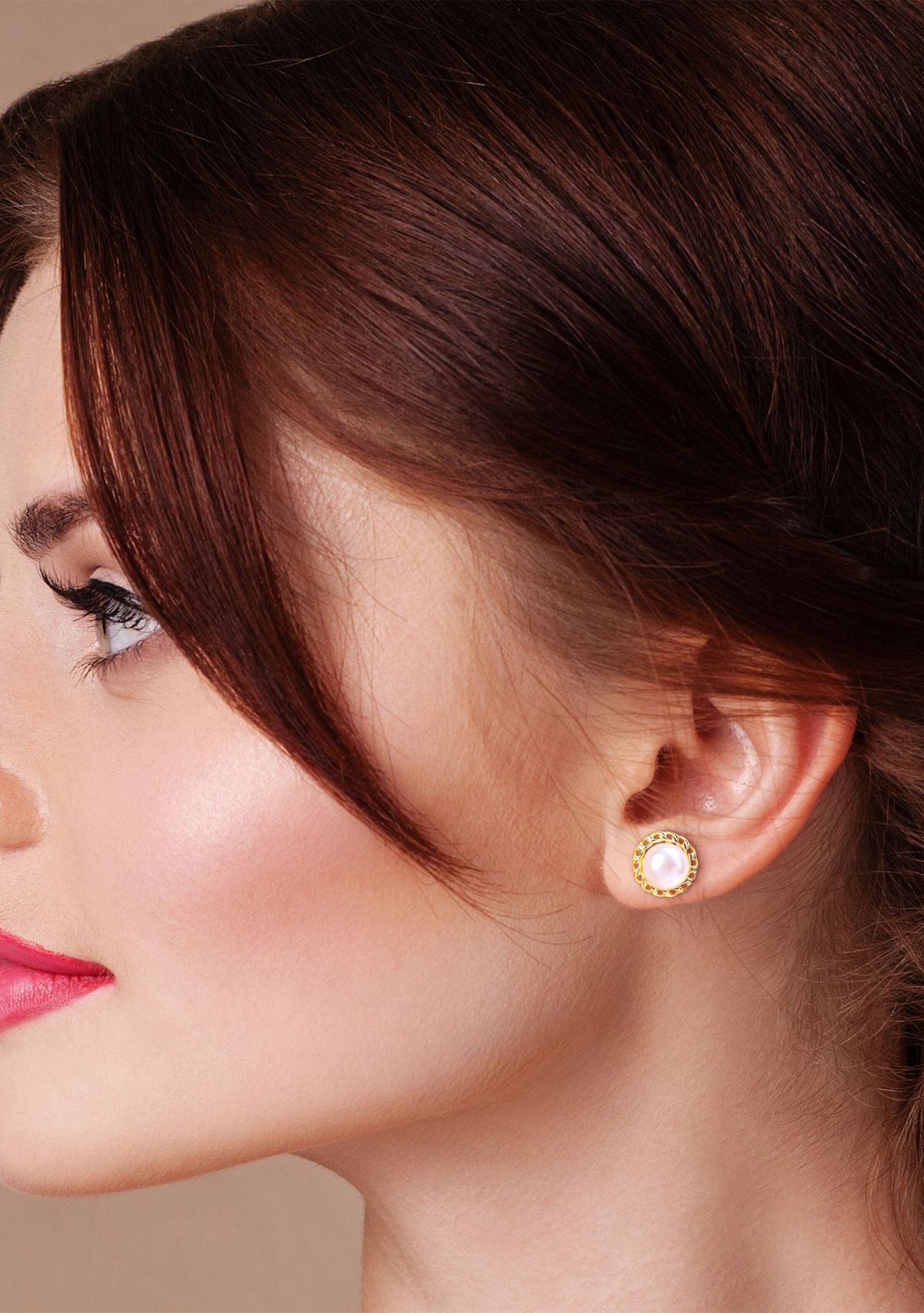 8-8.5mm Cultured Freshwater Pearl Halo Link Stud Earrings in Yellow Plated Sterling Silver