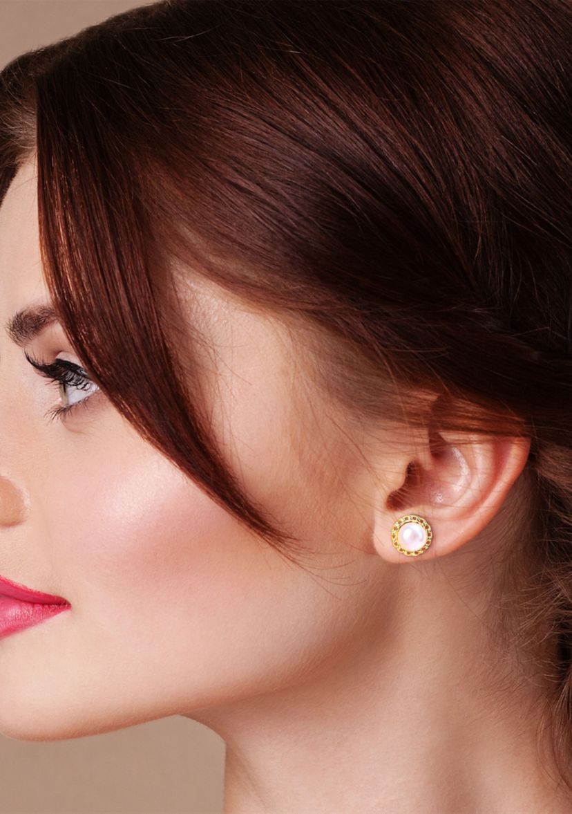 8-8.5mm Cultured Freshwater Pearl Halo Link Stud Earrings in Yellow Plated Sterling Silver