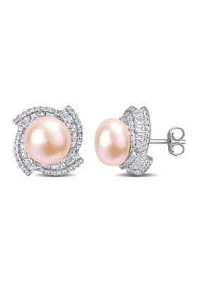 Haylee Jewels 9-9.5mm Pink Freshwater Cultured Pearl and 2 1/8 CT TGW Cubic Zirconia Swirl Earrings in Sterling Silver, White