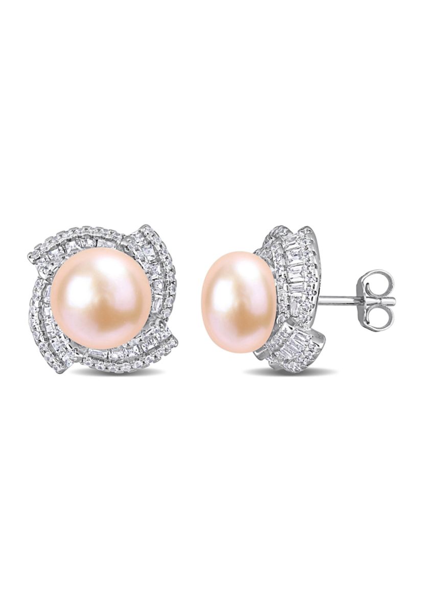 9-9.5mm Pink Freshwater Cultured Pearl and 2 1/8 CT TGW Cubic Zirconia Swirl Earrings in Sterling Silver
