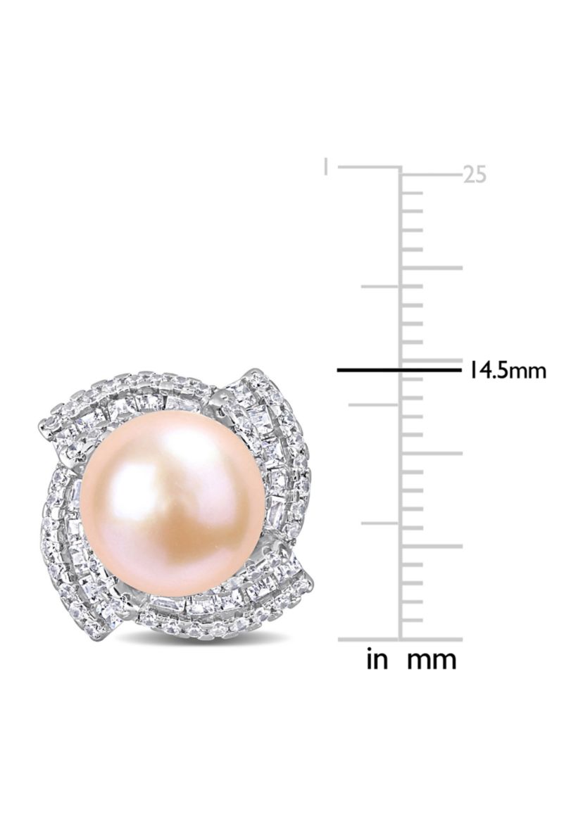 9-9.5mm Pink Freshwater Cultured Pearl and 2 1/8 CT TGW Cubic Zirconia Swirl Earrings in Sterling Silver