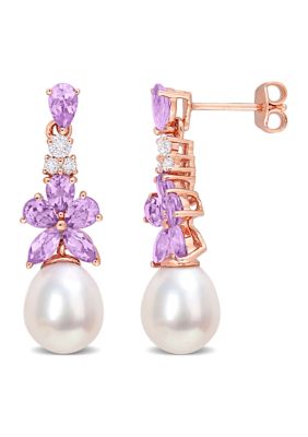 Belk & Co Amethyst, White Topaz and Rose de France and 8.5 - 9 MM White Cultured Freshwater Pearl Drop Earrings in 18k Rose Gold Plated Sterling