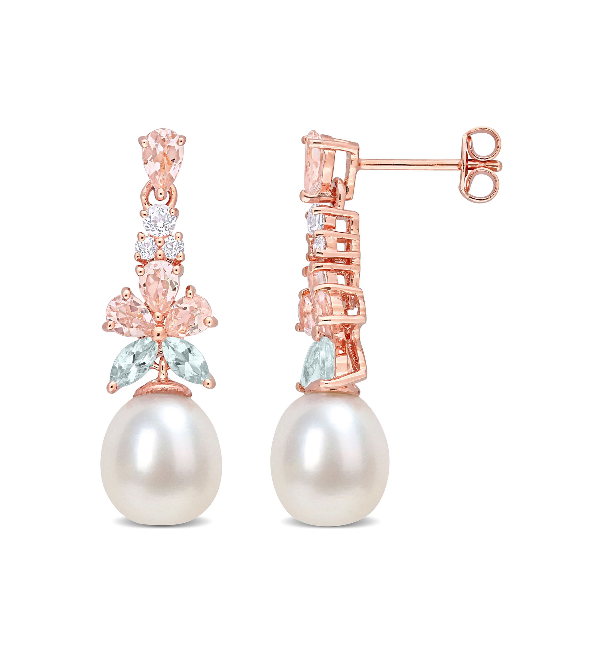 Morganite, White Topaz and Aquamarine and 8.5 - 9 MM White Cultured Freshwater Pearl Drop Earrings in 18k Rose Gold Plated Sterling Silver