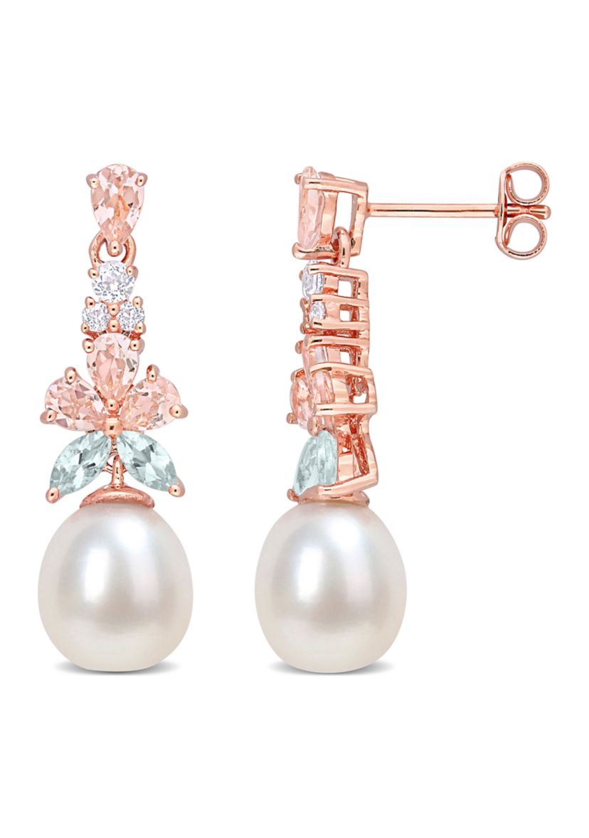 Morganite, White Topaz and Aquamarine and 8.5 - 9 MM White Cultured Freshwater Pearl Drop Earrings in 18k Rose Gold Plated Sterling Silver