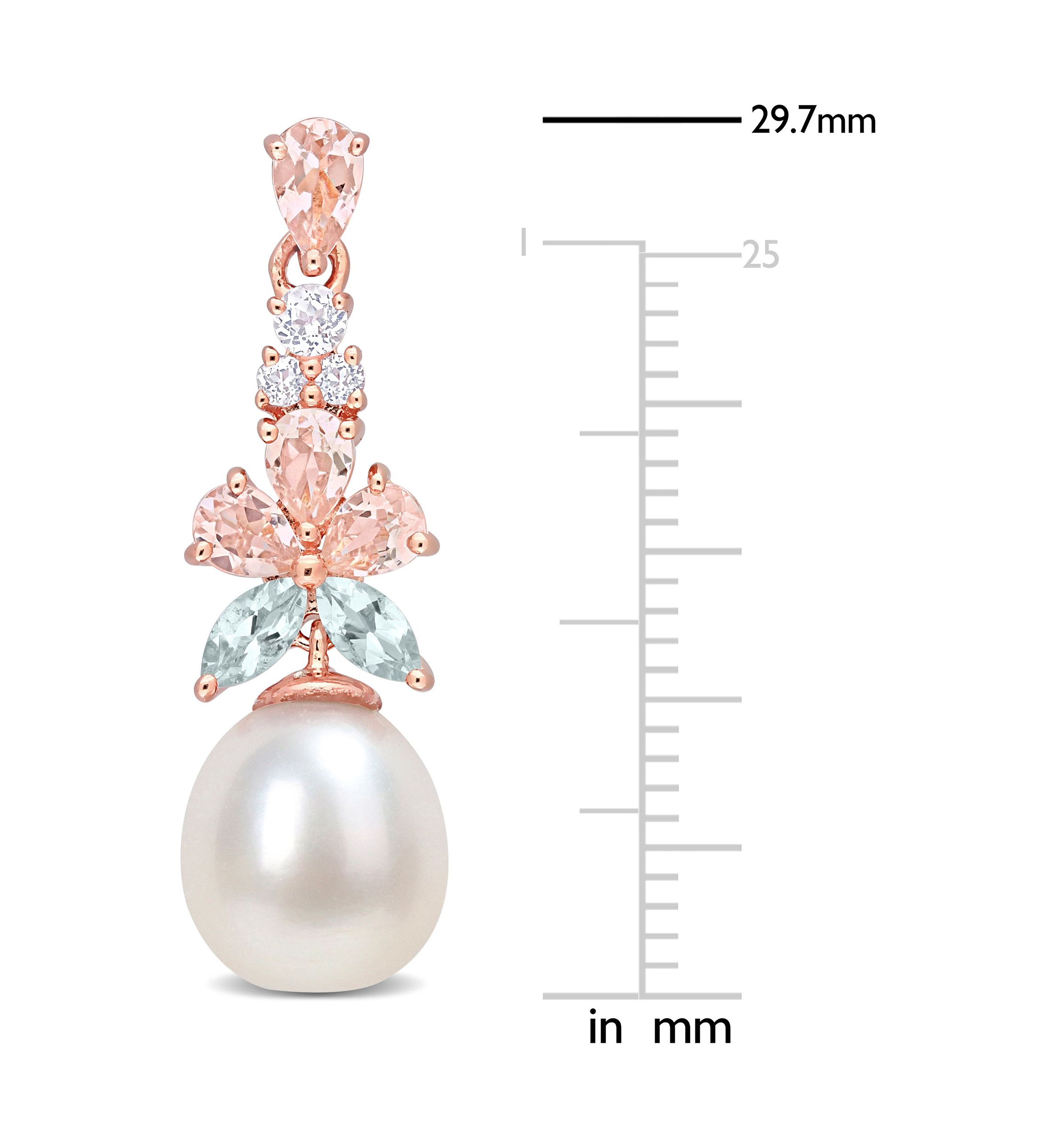 Morganite, White Topaz and Aquamarine and 8.5 - 9 MM White Cultured Freshwater Pearl Drop Earrings in 18k Rose Gold Plated Sterling Silver