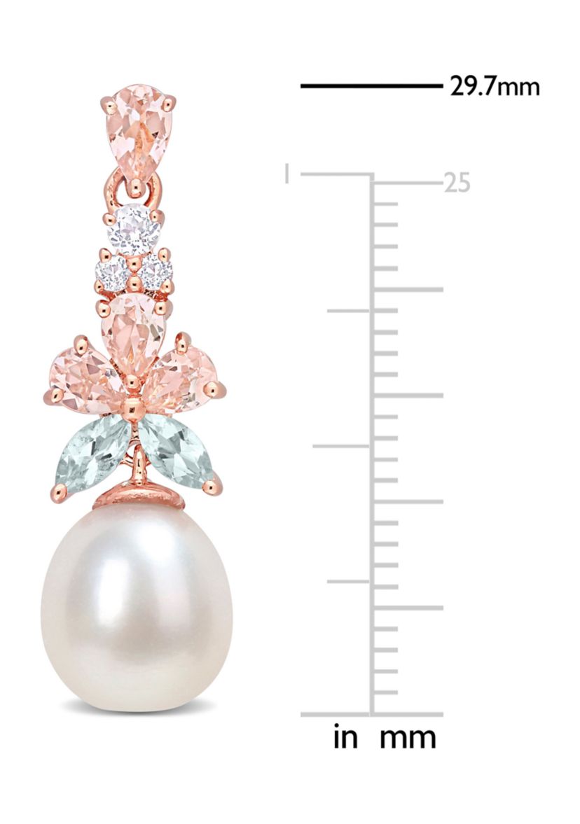 Morganite, White Topaz and Aquamarine and 8.5 - 9 MM White Cultured Freshwater Pearl Drop Earrings in 18k Rose Gold Plated Sterling Silver
