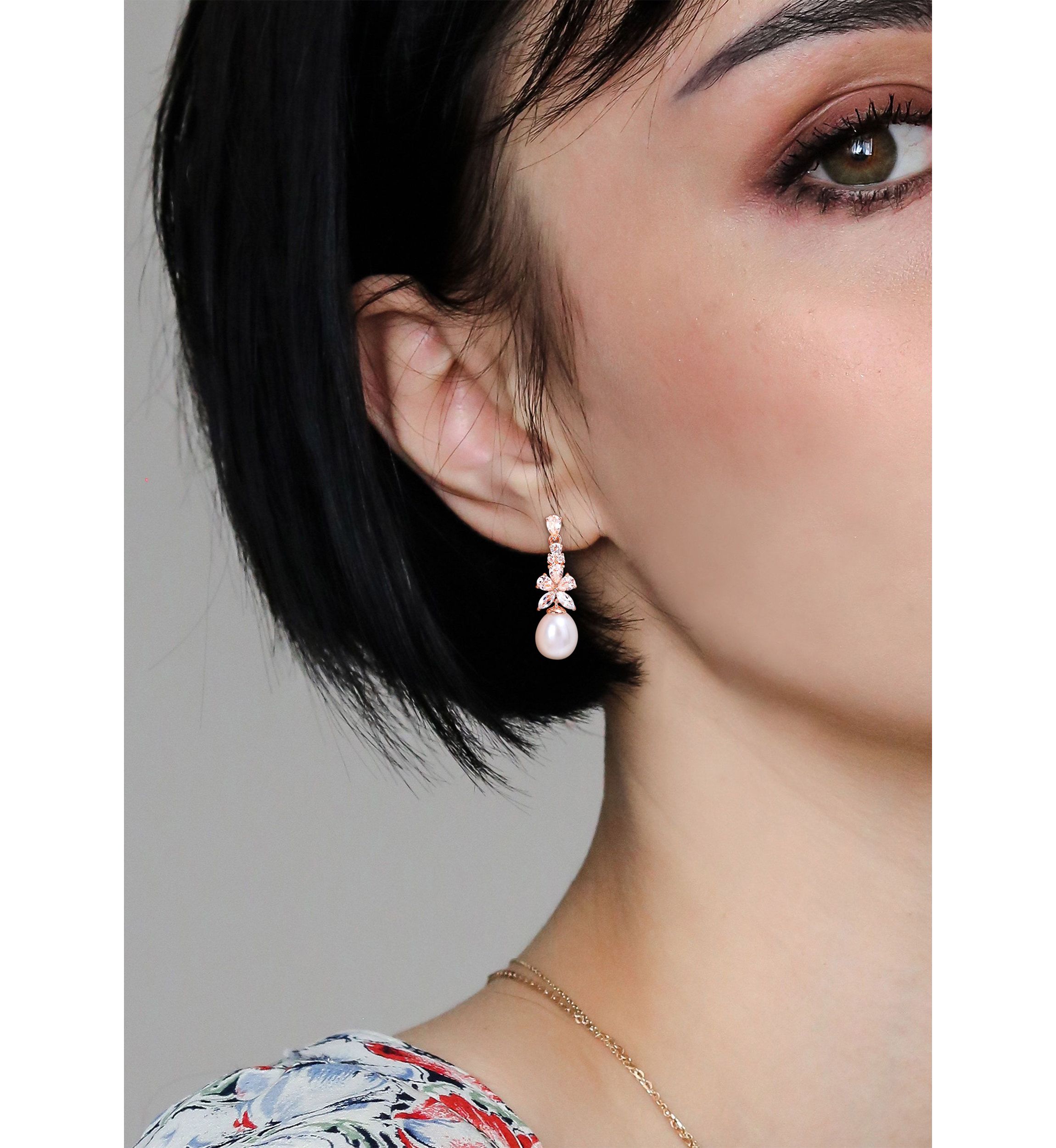 Morganite, White Topaz and Aquamarine and 8.5 - 9 MM White Cultured Freshwater Pearl Drop Earrings in 18k Rose Gold Plated Sterling Silver