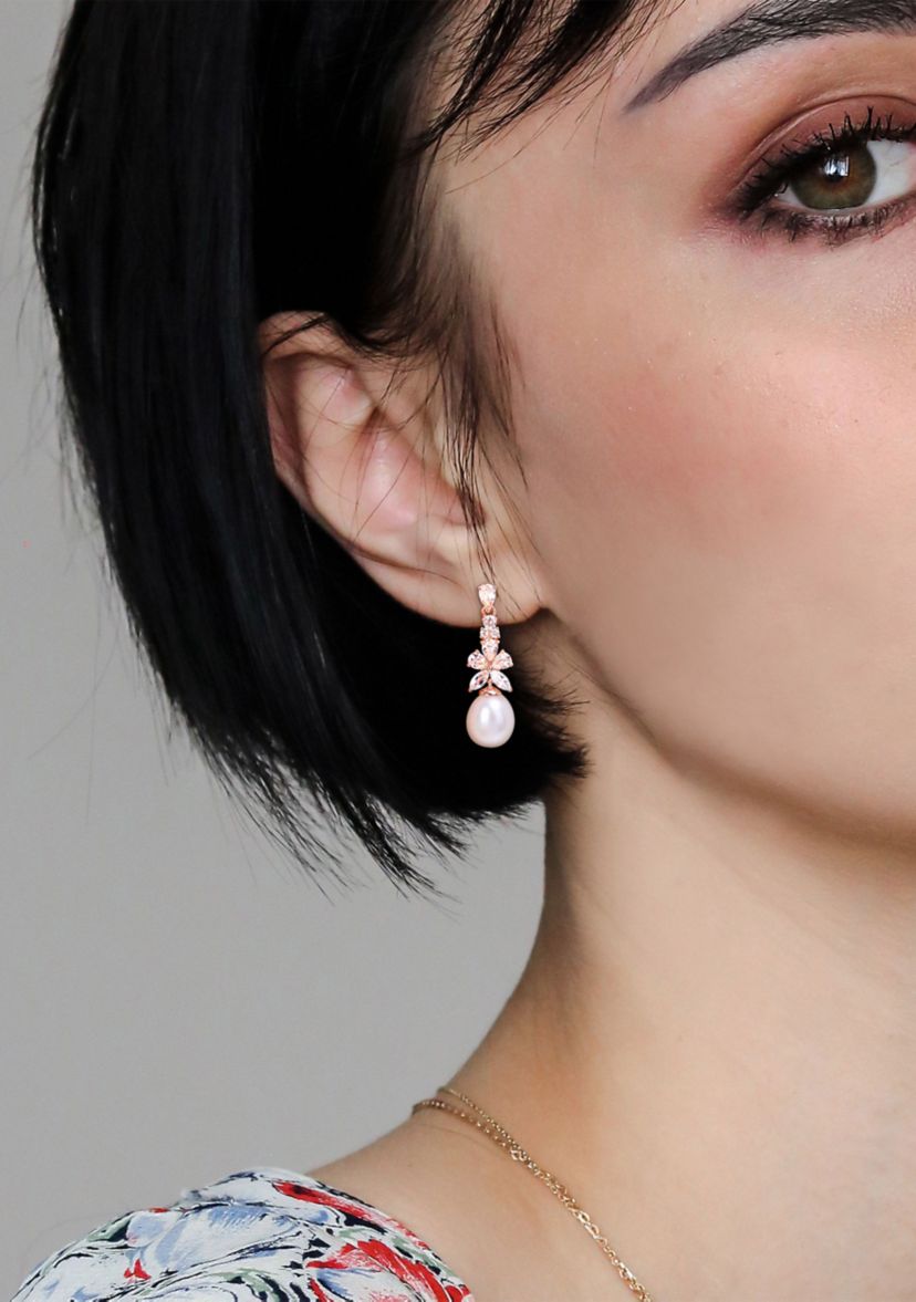 Morganite, White Topaz and Aquamarine and 8.5 - 9 MM White Cultured Freshwater Pearl Drop Earrings in 18k Rose Gold Plated Sterling Silver