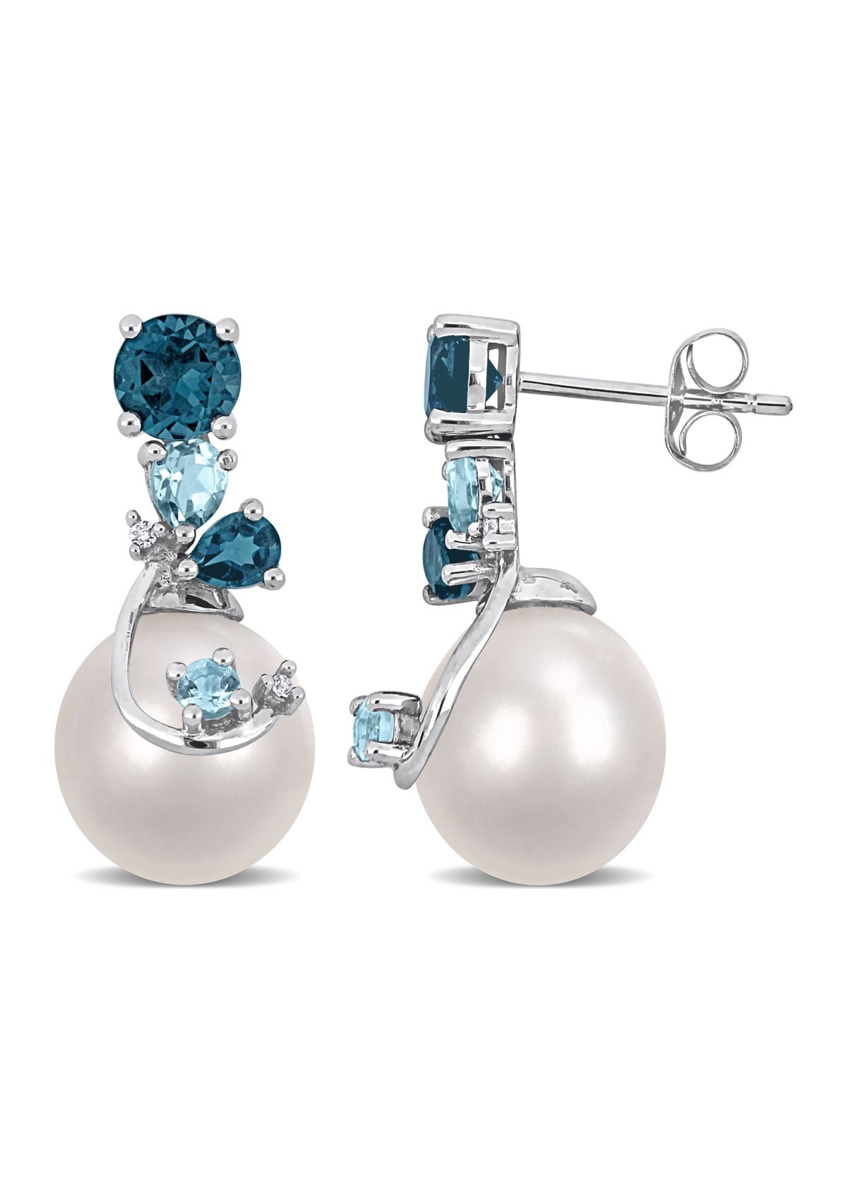 9-10mm Freshwater Cultured Pearl 2 CT TGW London & Sky Blue Topaz and Diamond Accent Pearl Earrings in Sterling Silver