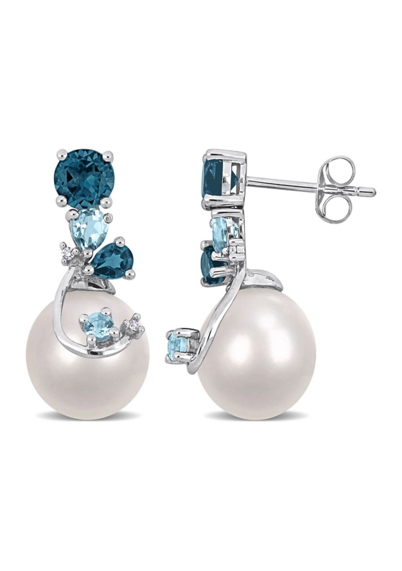 9-10mm Freshwater Cultured Pearl 2 CT TGW London & Sky Blue Topaz and Diamond Accent Pearl Earrings in Sterling Silver
