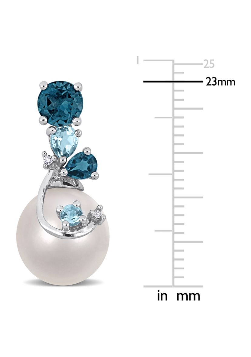 9-10mm Freshwater Cultured Pearl 2 CT TGW London & Sky Blue Topaz and Diamond Accent Pearl Earrings in Sterling Silver