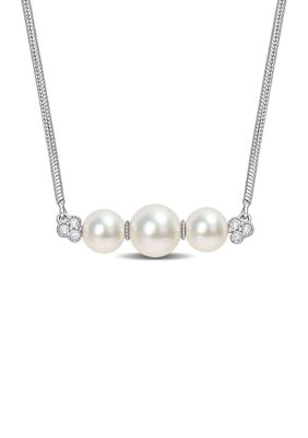 Belk & Co Freshwater Cultured Pearl And 1/5 Ct Tgw White Topaz Bar Necklace In Sterling Silver