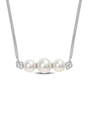 Belk & Co Freshwater Cultured Pearl and 1/5 CT TGW White Topaz Bar Necklace in Sterling Silver