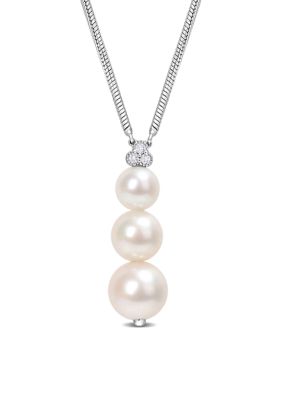 Belk & Co Freshwater Cultured Pearl and 1/10 CT TGW White Topaz Graduated Pendant with Chain in Sterling Silver