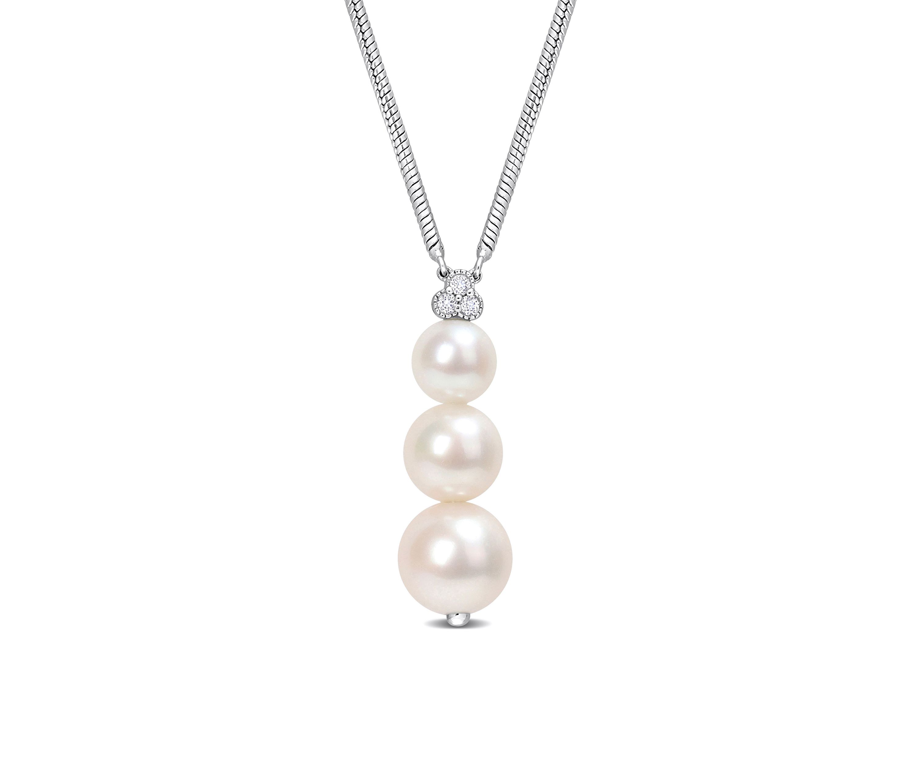 Freshwater Cultured Pearl and 1/10 CT TGW White Topaz Graduated Pendant with Chain in Sterling Silver