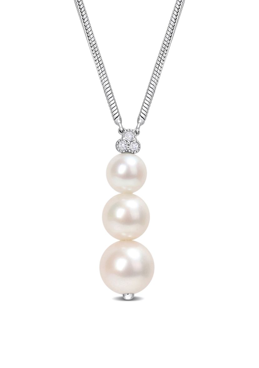 Freshwater Cultured Pearl and 1/10 CT TGW White Topaz Graduated Pendant with Chain in Sterling Silver