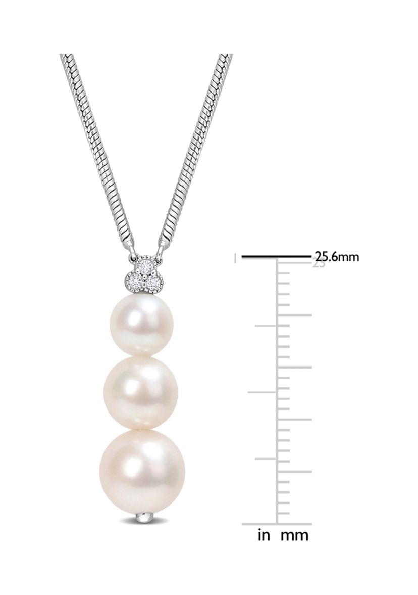 Freshwater Cultured Pearl and 1/10 CT TGW White Topaz Graduated Pendant with Chain in Sterling Silver