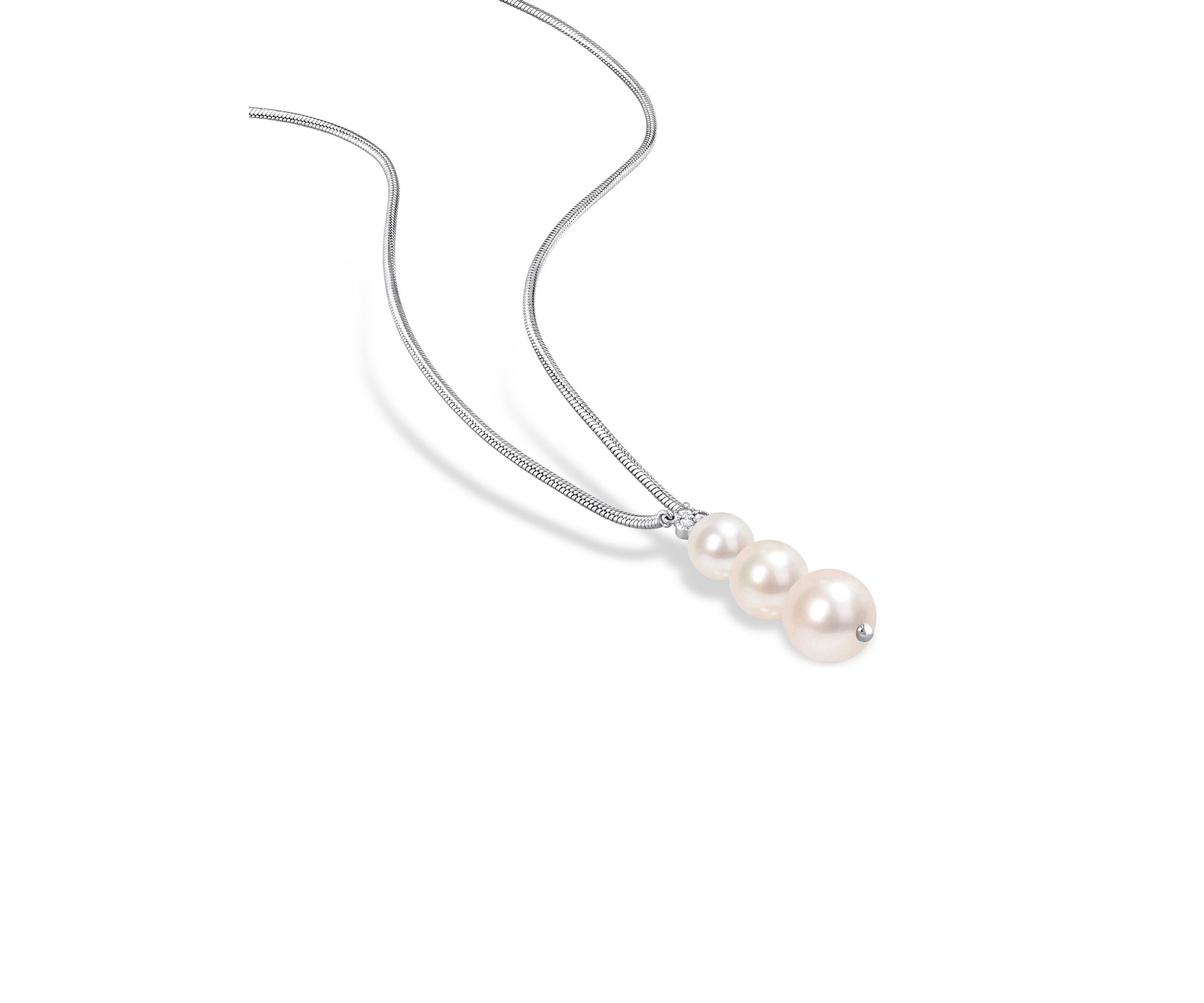 Freshwater Cultured Pearl and 1/10 CT TGW White Topaz Graduated Pendant with Chain in Sterling Silver