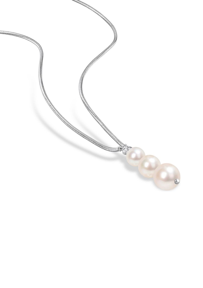 Freshwater Cultured Pearl and 1/10 CT TGW White Topaz Graduated Pendant with Chain in Sterling Silver