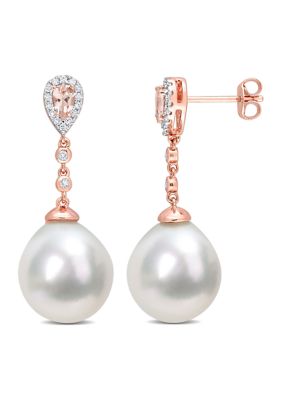 Belk & Co 12-12.5mm South Sea Cultured Freshwater Pearl 5/8 CT TGW Morganite White Topaz & 1/7 CT TDW Diamond Drop Earrings in Rose Plated Sterling