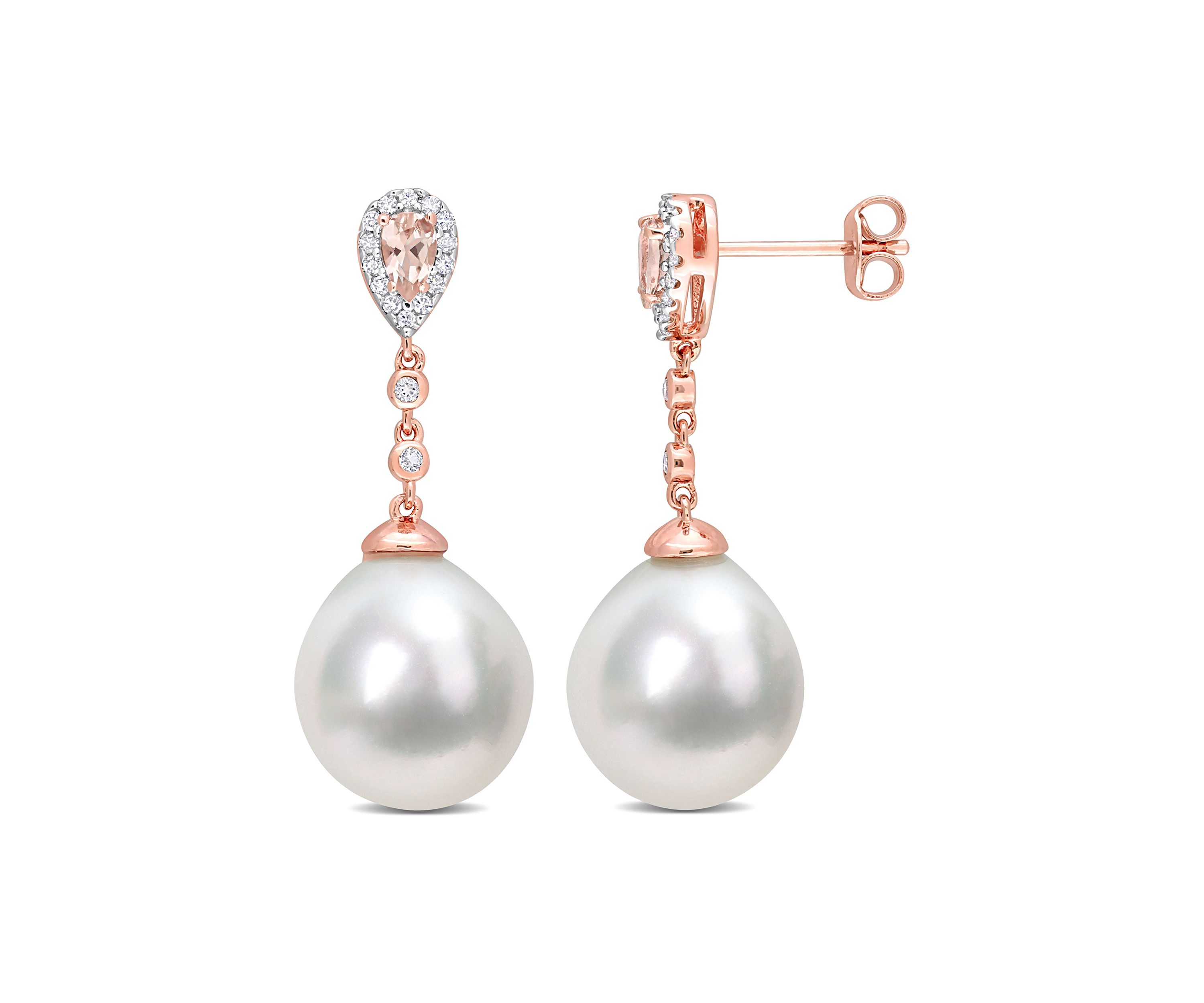 12-12.5mm South Sea Cultured Freshwater Pearl 5/8 CT TGW Morganite White Topaz & 1/7 CT TDW Diamond Drop Earrings in Rose Plated Sterling Silver