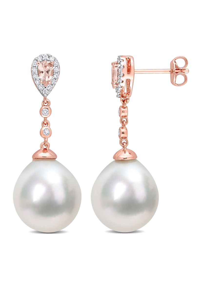 12-12.5mm South Sea Cultured Freshwater Pearl 5/8 CT TGW Morganite White Topaz & 1/7 CT TDW Diamond Drop Earrings in Rose Plated Sterling Silver