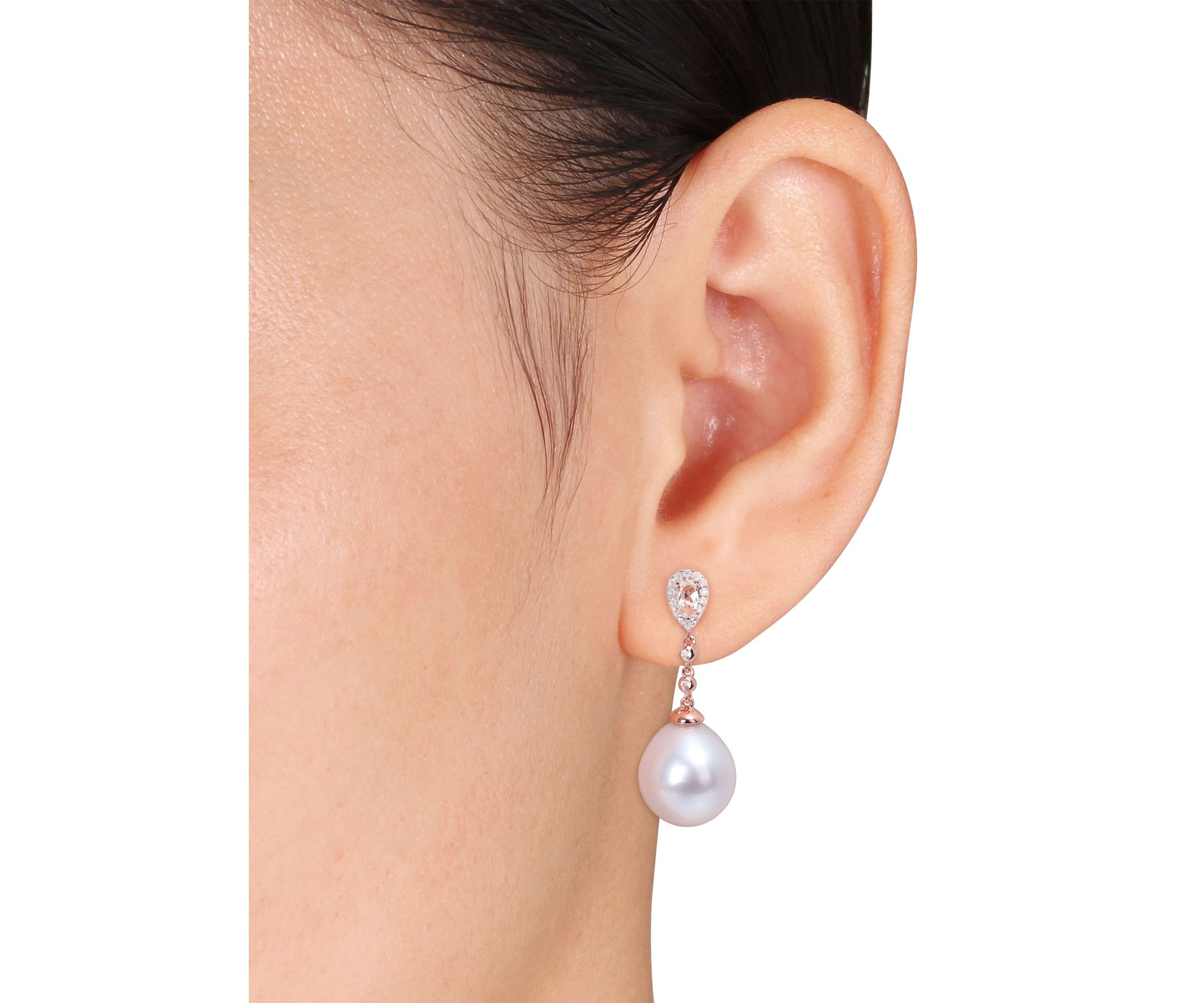 12-12.5mm South Sea Cultured Freshwater Pearl 5/8 CT TGW Morganite White Topaz & 1/7 CT TDW Diamond Drop Earrings in Rose Plated Sterling Silver