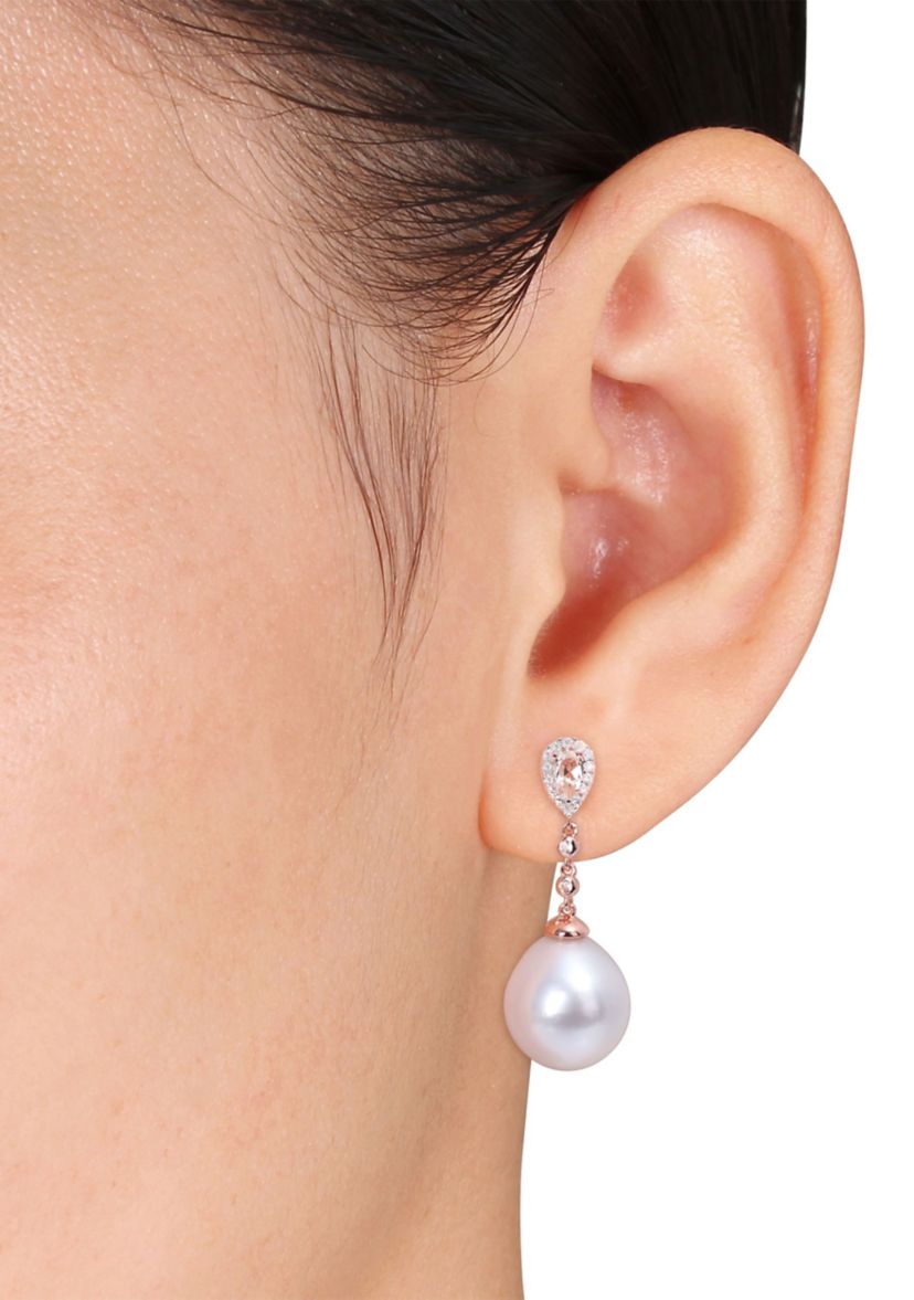 12-12.5mm South Sea Cultured Freshwater Pearl 5/8 CT TGW Morganite White Topaz & 1/7 CT TDW Diamond Drop Earrings in Rose Plated Sterling Silver