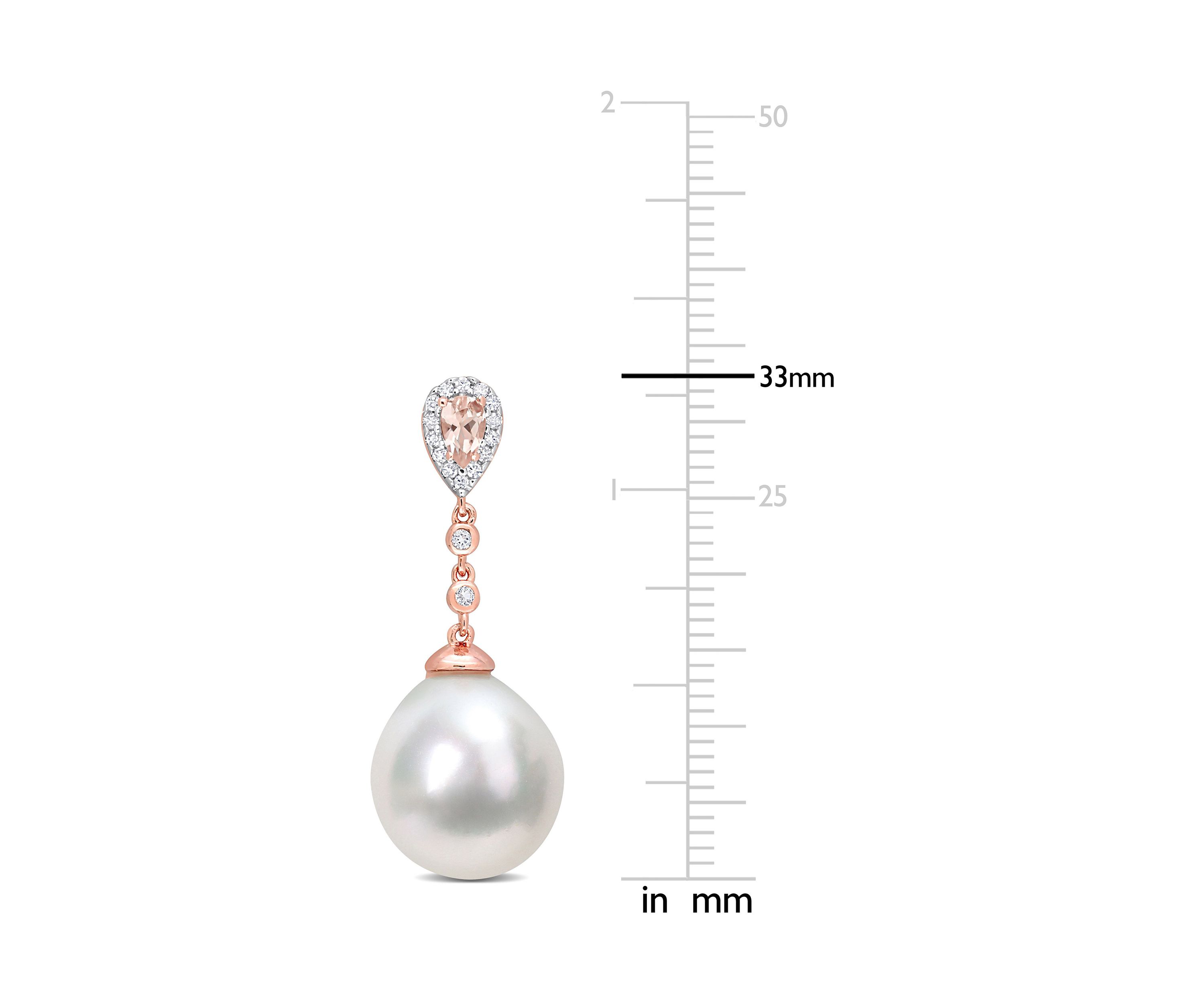 12-12.5mm South Sea Cultured Freshwater Pearl 5/8 CT TGW Morganite White Topaz & 1/7 CT TDW Diamond Drop Earrings in Rose Plated Sterling Silver