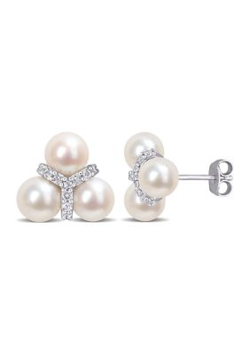 Belk & Co 6-6.5Mm Freshwater Cultured Pearl And 1/5 Ct Tgw White Topaz Floral Stud Earrings In Sterling Silver