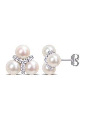 Belk & Co 6-6.5mm Freshwater Cultured Pearl and 1/5 CT TGW White Topaz Floral Stud Earrings in Sterling Silver