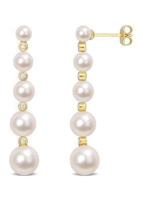 Belk & Co Freshwater Cultured Pearl and 1/4 CT TGW White Topaz Graduated Dangle Earrings in Yellow Plated Sterling Silver