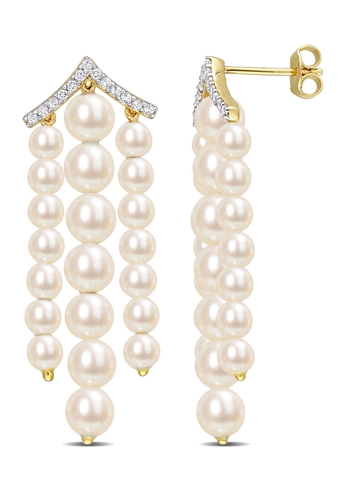 Freshwater Cultured Pearl and 1/4 CT TGW White Topaz Chandelier Earrings in Yellow Gold Plated Sterling Silver