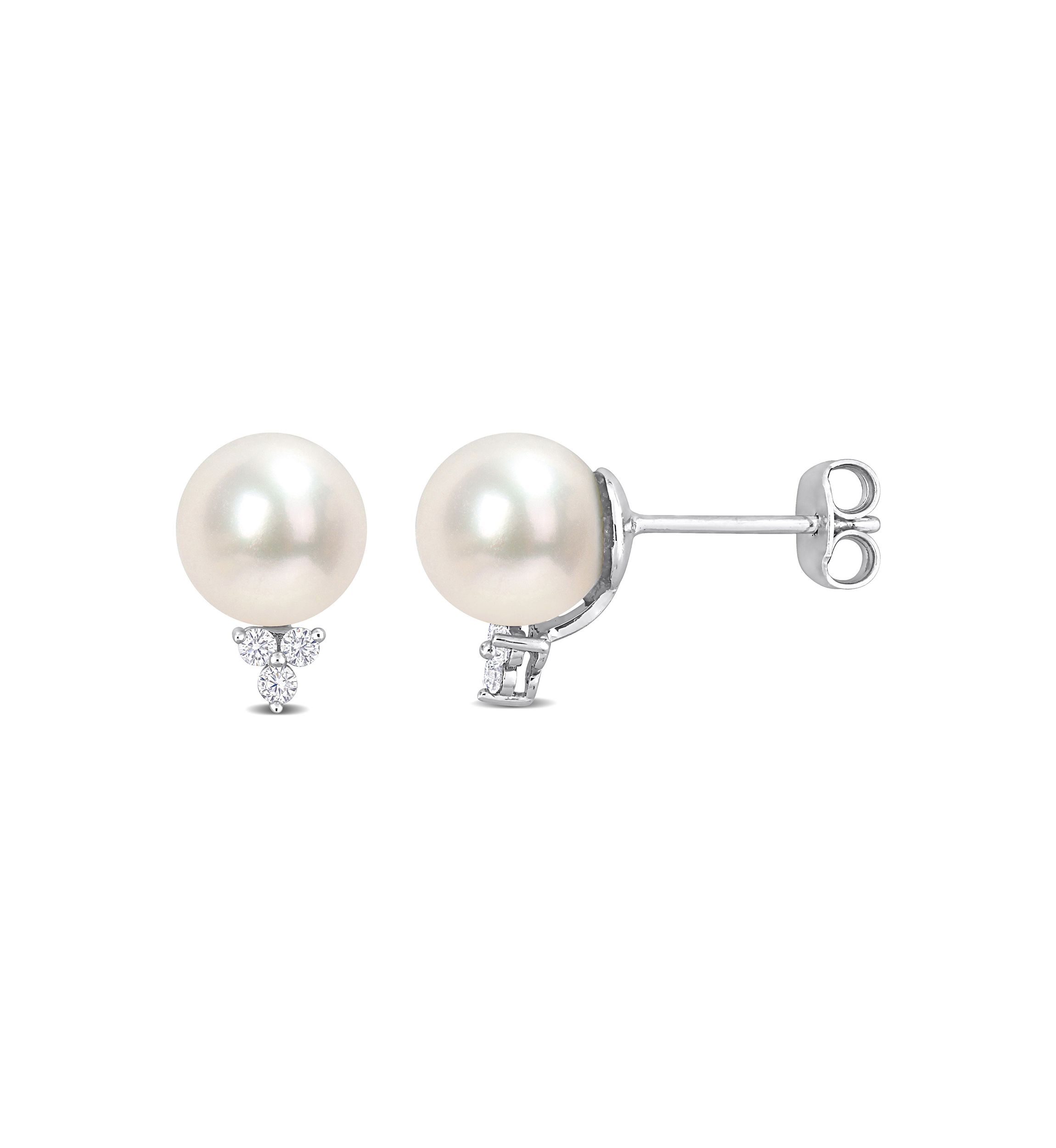 8-8.5mm Freshwater Cultured Pearl and 1/8 CT TW Diamond Pearl Stud Earrings in Sterling Silver