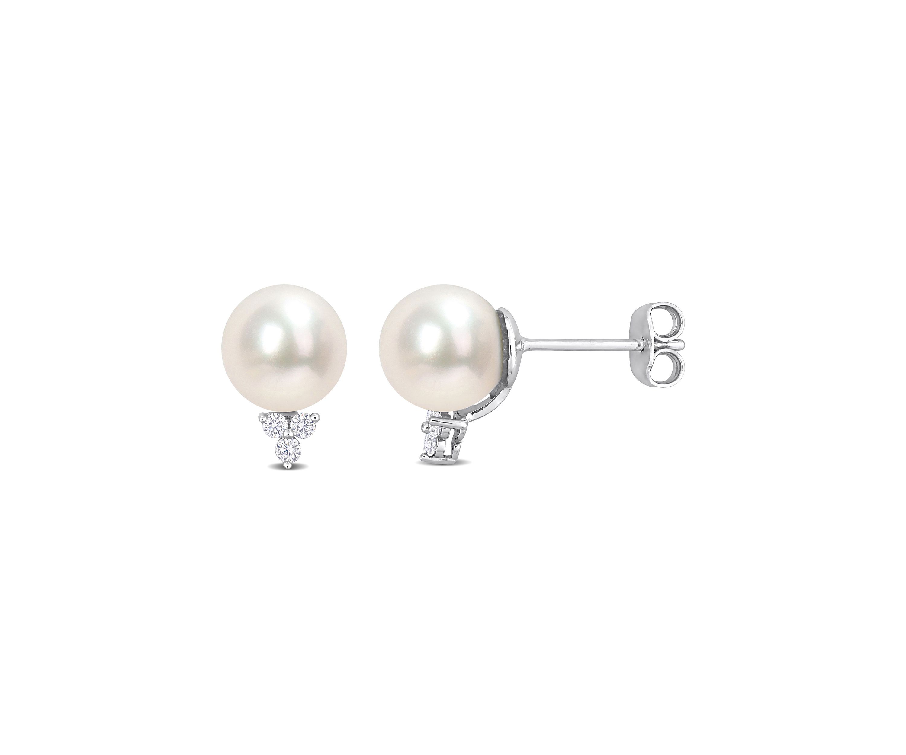 8-8.5mm Freshwater Cultured Pearl and 1/8 CT TW Diamond Pearl Stud Earrings in Sterling Silver