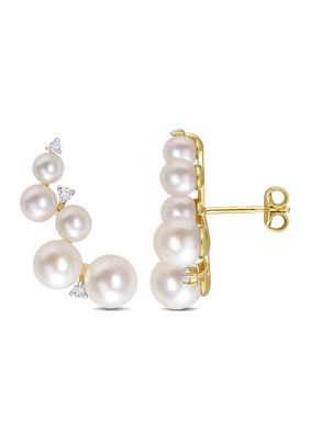Belk & Co Freshwater Cultured Pearl and 1/4 CT TGW White Topaz Climber Earrings in Yellow Gold Plated Sterling Silver