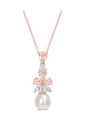 Belk & Co 9.5-10Mm Freshwater Cultured Pearl And 2 3/4 Ct Tgw Morganite White Topaz & Aquamarine Floral Drop Pendant In 18K Rose Gold Plated Sterling