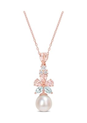 Belk & Co 9.5-10mm Freshwater Cultured Pearl and 2 3/4 CT TGW Morganite White Topaz & Aquamarine Floral Drop Pendant in 18k Rose Gold Plated Sterling