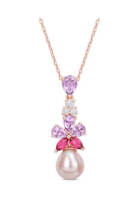 Belk & Co 9.5-10mm Pink Freshwater Cultured Pearl 2 3/8 CT TGW Rose de France and White and Pink Topaz Floral Drop Pendant in 18k Rose Gold Plated