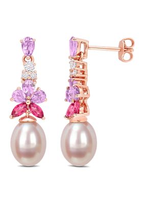 Belk & Co 8.5-9mm Pink Freshwater Cultured Pearl 2 3/8 CT TGW Rose de France and White and Pink Topaz Floral Drop Earrings in 18k Rose Gold Plated