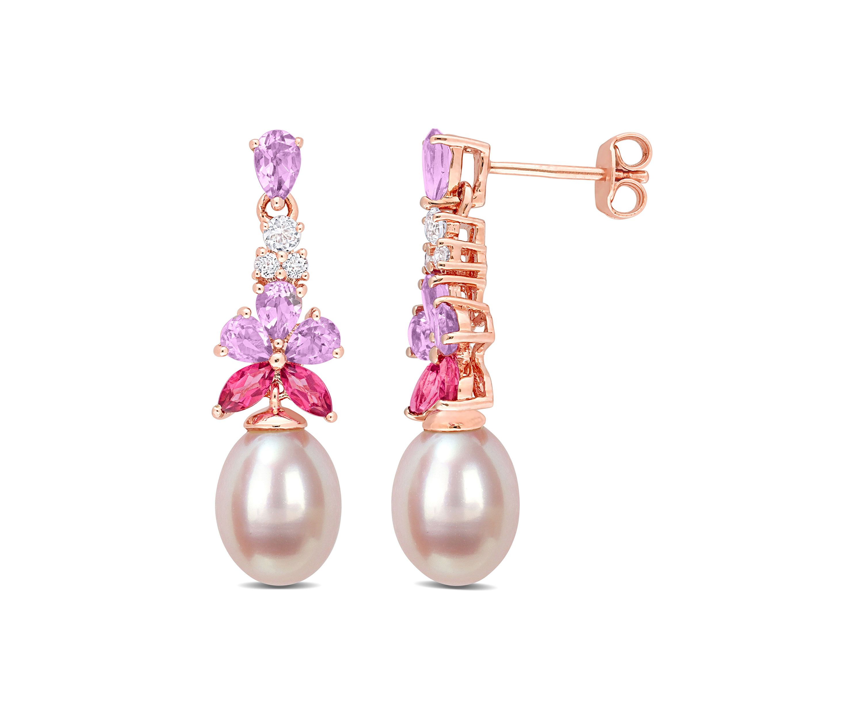 8.5-9mm Pink Freshwater Cultured Pearl 2 3/8 CT TGW Rose de France and White and Pink Topaz Floral Drop Earrings in 18k Rose Gold Plated Sterling Silver
