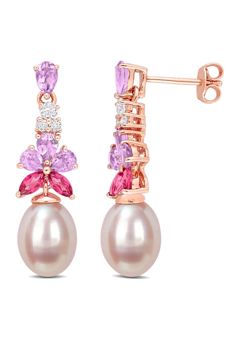 8.5-9mm Pink Freshwater Cultured Pearl 2 3/8 CT TGW Rose de France and White and Pink Topaz Floral Drop Earrings in 18k Rose Gold Plated Sterling Silver