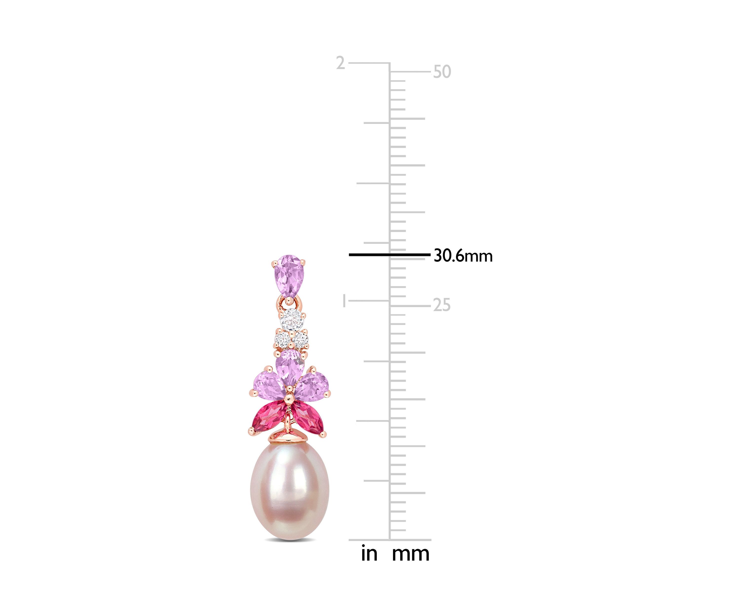 8.5-9mm Pink Freshwater Cultured Pearl 2 3/8 CT TGW Rose de France and White and Pink Topaz Floral Drop Earrings in 18k Rose Gold Plated Sterling Silver