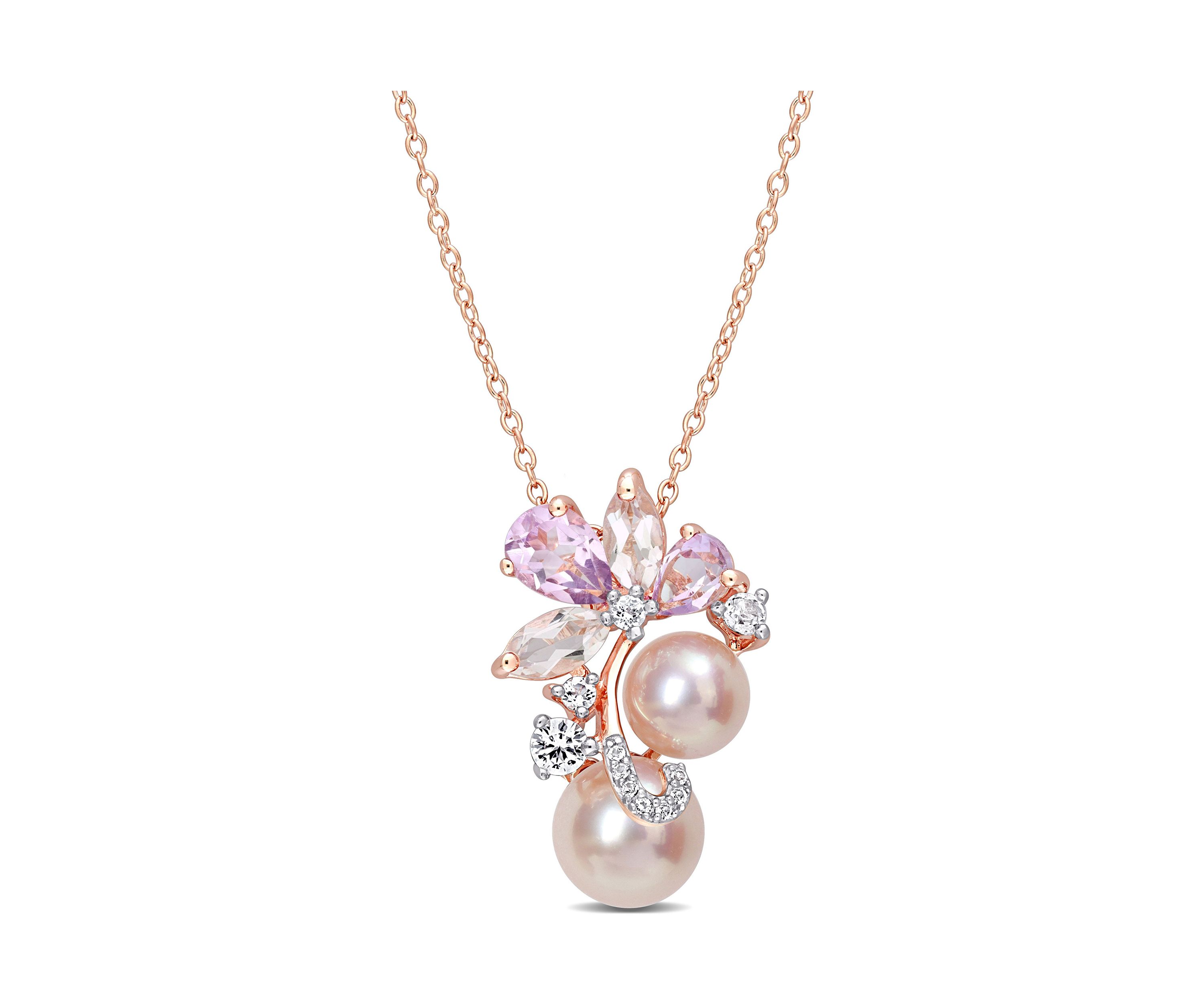 Pink Cultured Freshwater Pearl & 2 1/3 CT TGW Rose de France and Topaz Pendant with Chain in 18k Rose Plated Sterling Silver