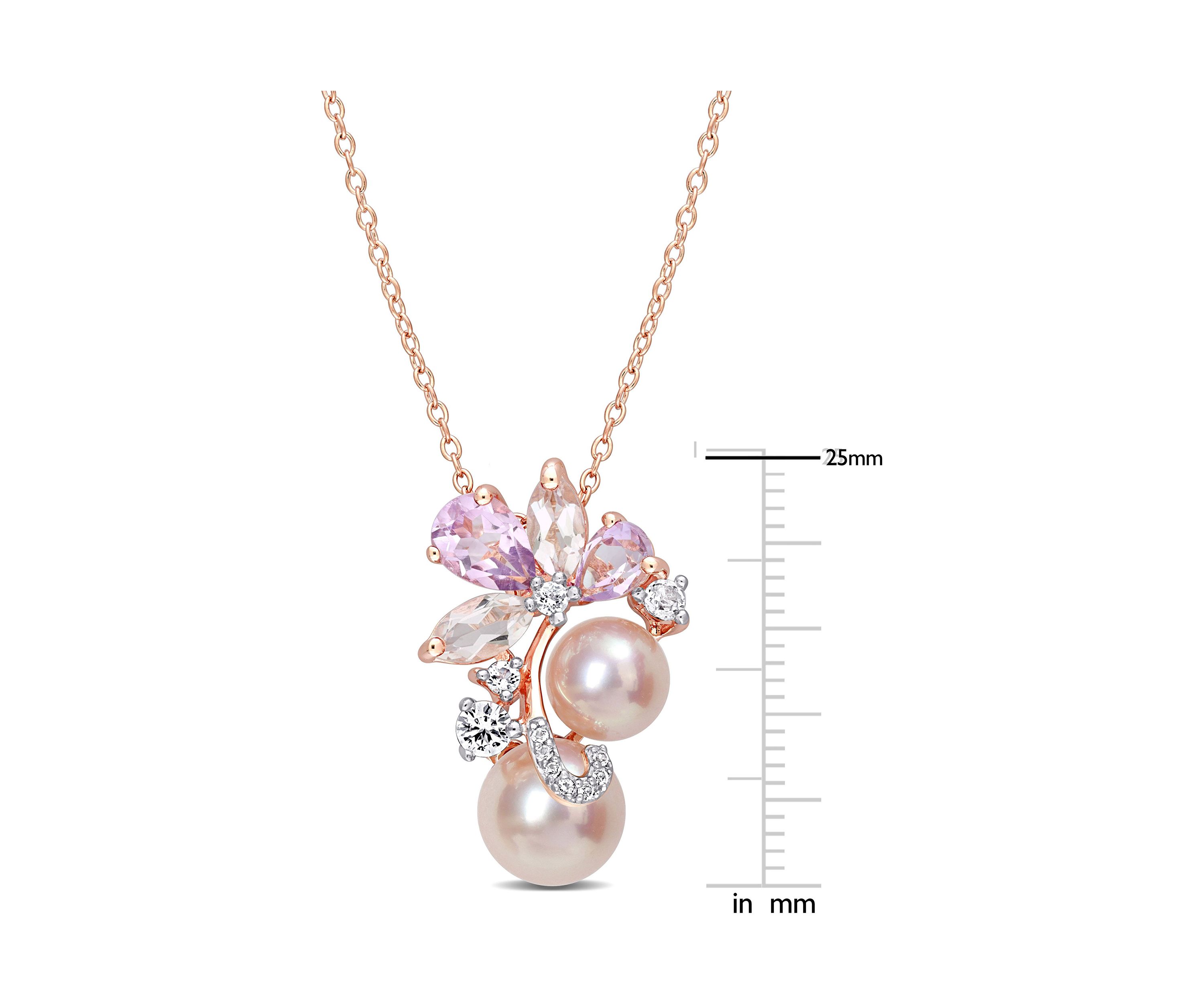 Pink Cultured Freshwater Pearl & 2 1/3 CT TGW Rose de France and Topaz Pendant with Chain in 18k Rose Plated Sterling Silver