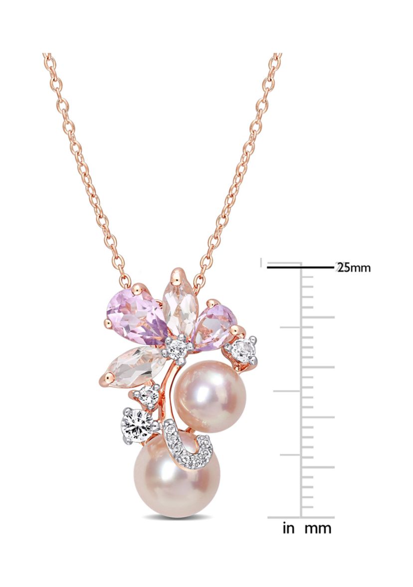 Pink Cultured Freshwater Pearl & 2 1/3 CT TGW Rose de France and Topaz Pendant with Chain in 18k Rose Plated Sterling Silver