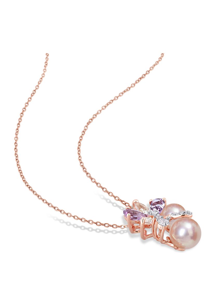 Pink Cultured Freshwater Pearl & 2 1/3 CT TGW Rose de France and Topaz Pendant with Chain in 18k Rose Plated Sterling Silver
