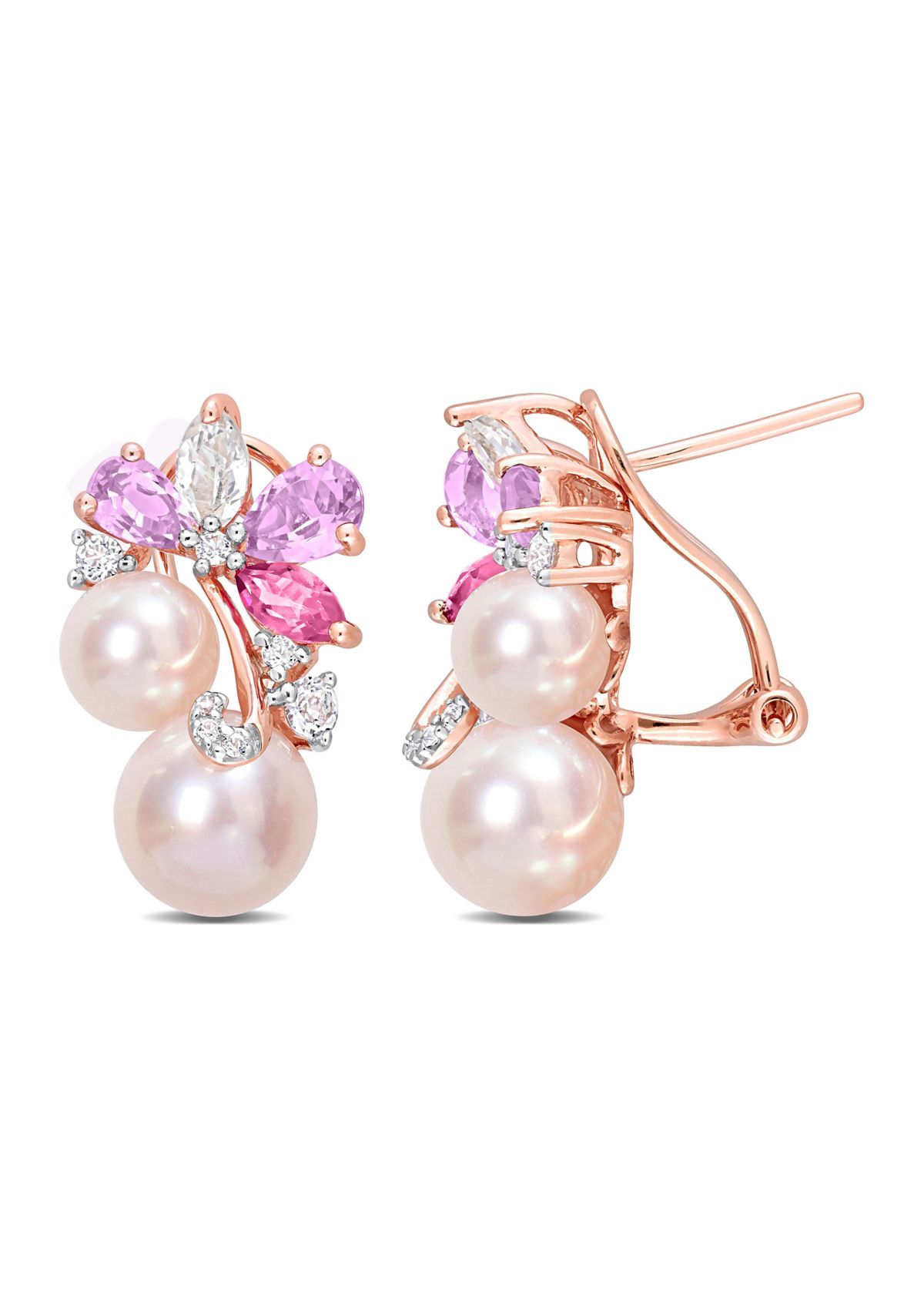Pink Cultured Freshwater Pearl & 2 1/2 CT TGW Rose de France and Topaz Earrings in 18k Rose Plated Sterling Silver